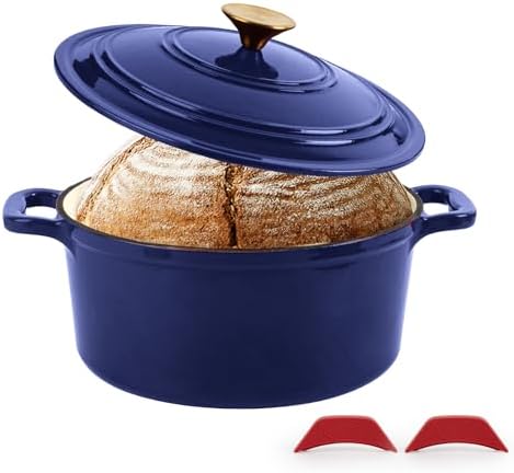 Enameled Cast Iron Dutch Oven with Lid&Silicone Grip, Round Casserole Pot for Bread Baking, Braising, Roasting,Stews,Heavy-Duty Baking Pan,Oven Safe, Induction Compatible (4.7QT,Indigo)