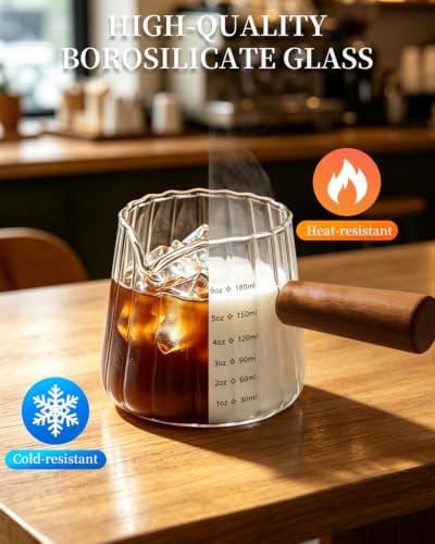 2 PCS Espresso Measuring Cup 6 Oz, Espresso Glass Cups with Wood Handle, Milk Frothing Cup, Espresso Cup for Coffee, Milk, Tea or Maple Syrup Serving