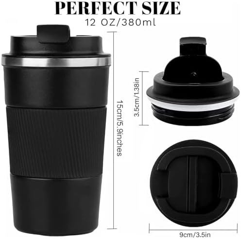 YINBAOGE Insulated Travel Coffee Mug, Spill & Leak Proof, Portable To Go Camping Stainless Steel Coffee Tumbler, Reusable Thermal Coffee Cup with Lid for Hot & Cold Drinks (Black, 12 OZ) (Pack of 4)