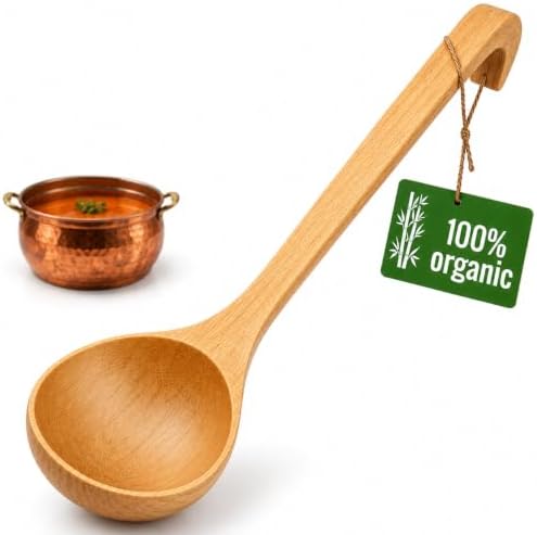Bamboo Ladle for Soup, 10.8x2.8 In, Deep Bowl, Hook-End Handle