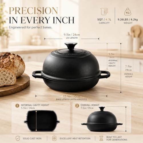 5QT Matte Black Non-Stick Dutch Oven for Bread Baking, Cast Iron Dutch Oven