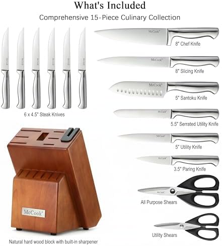 McCook Kitchen Knife Set 15PC Knife Block Set w Built-in Sharpener
