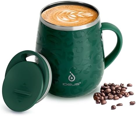 Ideus 16 oz Insulated Coffee Mug with Lid and Handle (Leopard Green)