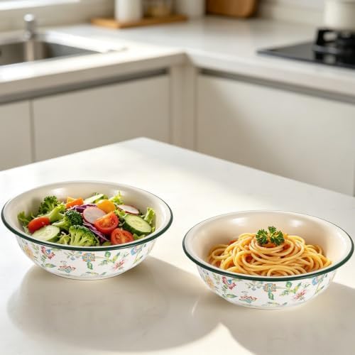 3 Pack Vintage Enamel Mixing Bowl, 11.8 Inch Large Farmhouse Retro Enamelware Basin 3.6 Quart Enamel Bowl Serving Tray for Fruit Salad Pasta Dough Making Camping Kitchen Farmhouse Decor