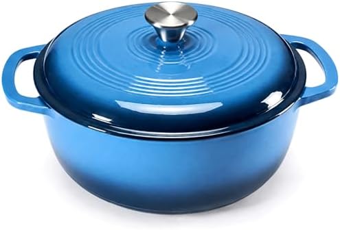 DUMOS Cast Iron Dutch Oven, 6 Quart Pot with Lid, Enameled Heavy Duty Cookware, Oven Safe to 500°F, Perfect for Bread Baking, Stews and Roasting, Moisture Sealing Lid with Dual Handles, Gradient Blue
