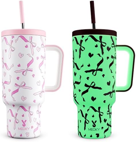 Meoky Glow in the Dark Tumbler: 40 oz Tumbler with Handle and Straw- Stainless Steel Insulated Tumbler for Car Cup Holders - Travelers Commuters Workers (1 Pack, Pink Bow)