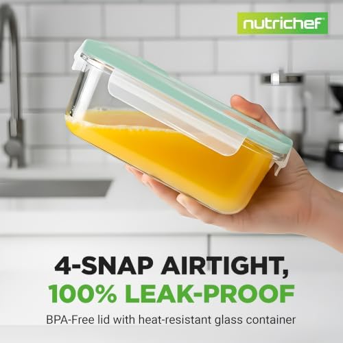NutriChef 10 Piece Glass Food Storage Containers with Lids – 30 oz Meal Prep Containers Reusable Glass – Airtight Lunch Containers for Food Storage – Freezer to Oven Safe - Green