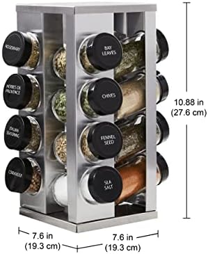 Kamenstein 16 Jar Heritage Revolving Countertop Spice Rack Organizer with Spices Included, FREE Spice Refills for 5 years, Brushed Stainless Steel with Black Caps