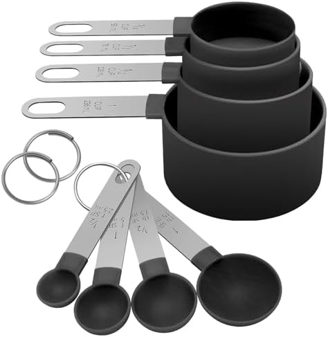 Measuring Cups Set Measuring Spoons Set, Nesting Measure Cups with Stainless Steel Handle, For Measuring Dry and Liquid Ingredients Small Teaspoon with Plastic Head (Black)