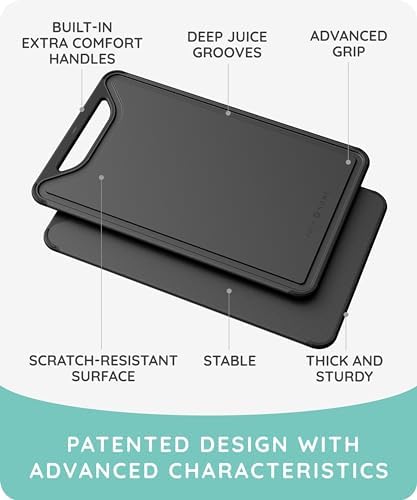 Cutting Boards for Kitchen, Plastic Cutting Board Set of 3, Dishwasher Safe Cutting Boards with Juice Grooves for Meat, Veggies, Fruits, Easy Grip Handle, Non-Slip (Black/Gray)