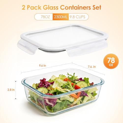 2 Pack 78oz/9.8 CUPS Large Glass Storage Containers with Lids