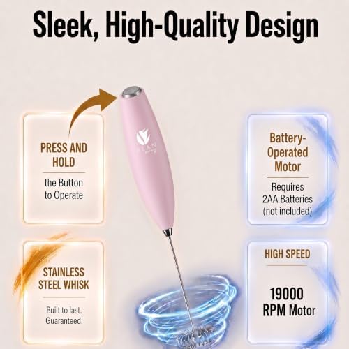 Bean Envy Milk Frother Handheld - Coffee Mixer Wand with Stand - Pink