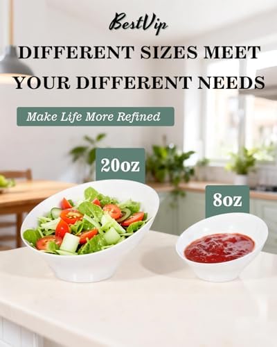 BESTVIP 20 Oz White Plastic Angled Serving Bowls, 12 Pack