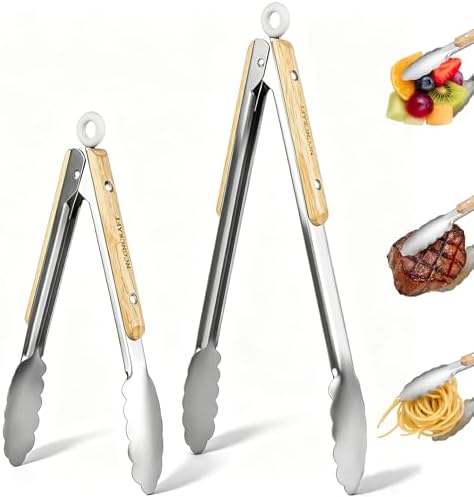 9+12 inch Stainless Steel Kitchen Tongs for cooking with Wood Handle, Set of 2
