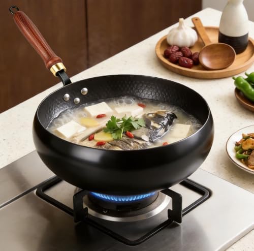 Hand Hammered Wok Pan, 9.45 Inch Chinese Wok for Gas stove,Induction cooker