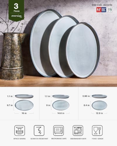 famiware Large Serving Platters Set of 3 Sizes - Oval, Smoky Blue