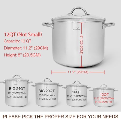 HOMICHEF 12 Quart LARGE Stock Pot with Glass Lid - NICKEL FREE Stainless Steel Healthy Cookware Stockpots with Lids 12 Quart - Mirror Polished Induction Pot - Commercial Grade Soup Cooking Pot
