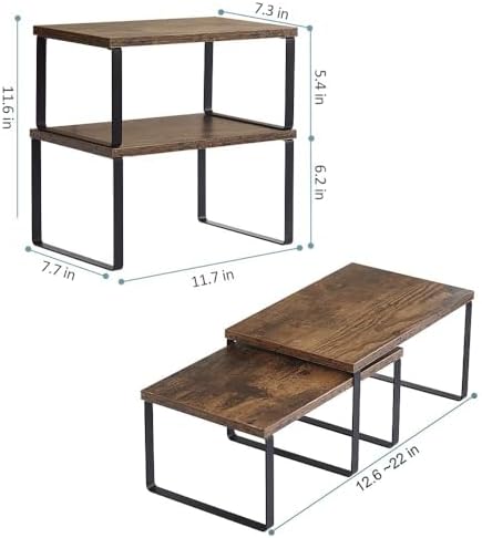 NEX Kitchen Cabinet and Counter Shelf Organizer, Shelf Riser for Pantry Countertop Cupboard Desk Top, Stackable & Expandable, Set of 4, Black and Rustic Brown
