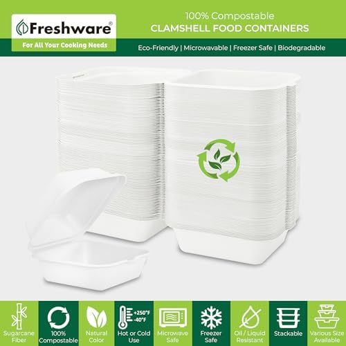 Freshware Clamshell Food Containers with Lids [6x6 50-Pack] Disposable To Go Containers, Biodegradable Sugarcane To Go Boxes - Paper Container - Microwave & Freezer Safe, Stackable