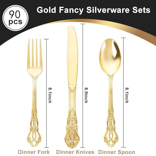 90PCS Gold Plastic Silverware Elegant for Parties Family Dinners