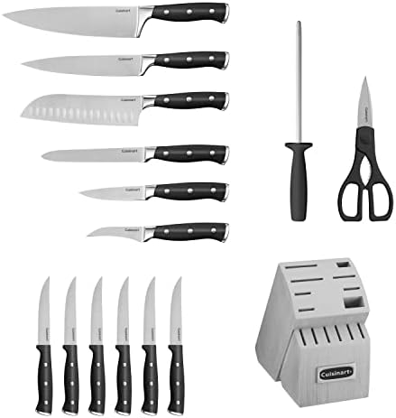 Cuisinart Classic Forged Triple Rivet, 15-Piece Knife Set with Block, Superior High-Carbon Stainless Steel Blades for Precision and Accuracy (Black/Gray)