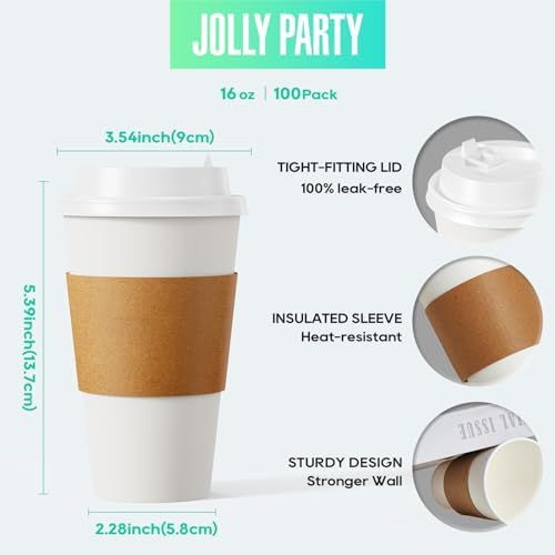 JOLLY PARTY 100 Pack 16 oz Disposable Paper Coffee Cups with Lids & Sleeves