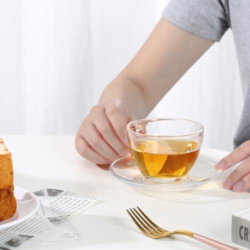 Glass Teacup and Saucer Set, 6 Pack Coffee Mug with Stainless Steel Spoon Suitable for Espresso Juice Cappuccino and More Beverage, 7OZ/210ML, Clear