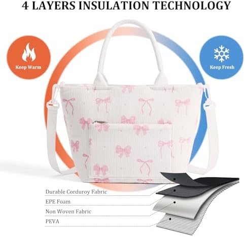 Lunch Bag for Women Adult Large Insulated Lunch Box Girl Cute Corduroy Lunch Tote Bags Reusable Leakproof Cooler Work Picnic