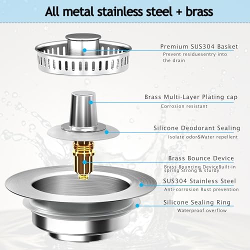 Sink Drain Strainer 3 in 1, 304 Stainless Steel Pop Up Kitchen Sink Stopper with Anti-Clogging Basket, Kitchen Essential Drain Anti-Clog Gadgets, Fits US Standard 3-1/2'' Sink Drain (Silver, 2 Pack)