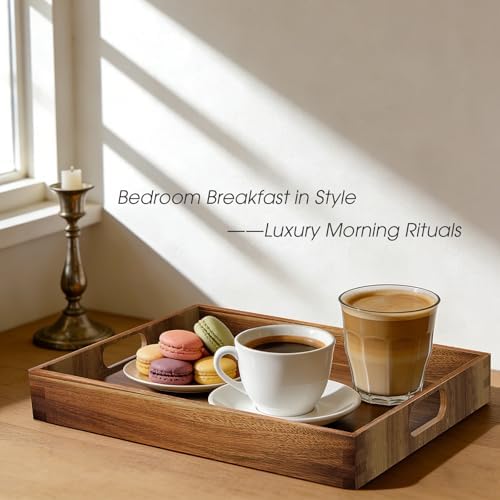 Acacia Serving Trays, Wooden Serving Tray with Handles- 2 Pack