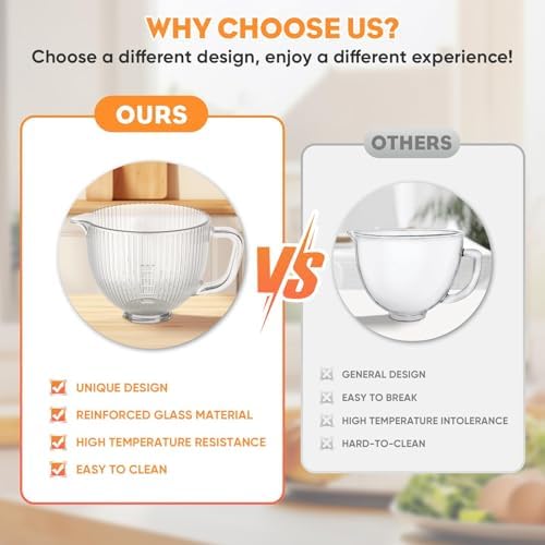 COFUN Glass Mixer Bowl for Kitchenaid Tilt-Head Stand Mixers 4.5-5 Quart