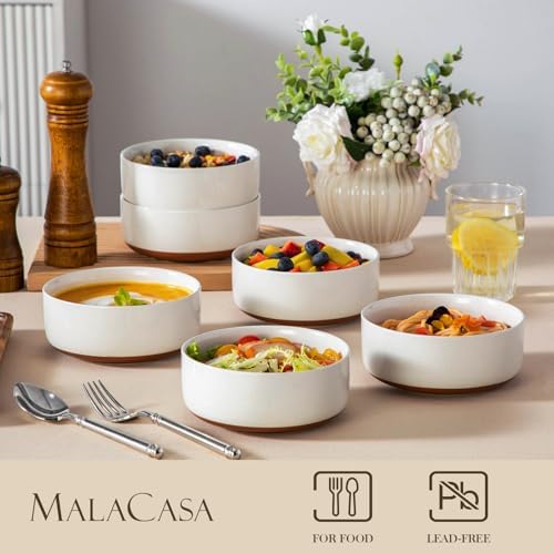 MALACASA Cereal Bowls Set of 6,24 OZ Ceramic Bowls for Kitchen,Khaki White