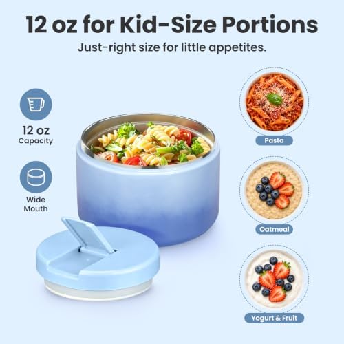 Pawtong 12oz Insulated Vacuum Food Jar with Buckle Lid Wide Mouth Soup Thermo for Hot Food Kids Leakproof Stainless Steel Lunch Container (Gradient Blue, 12OZ)