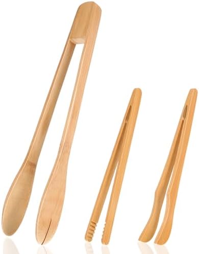 Zopeal 3 Pcs 7 and 12 Inch Bamboo Toaster Tongs, Wooden Tongs for Cooking