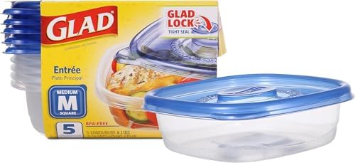 GladWare Entree Food Storage Containers, Medium Square Holds 25 Ounces of Food, 5 Count Set | Tupperware, Plastic Food Container, Meal Prep Container, Plastic Containers with Lids