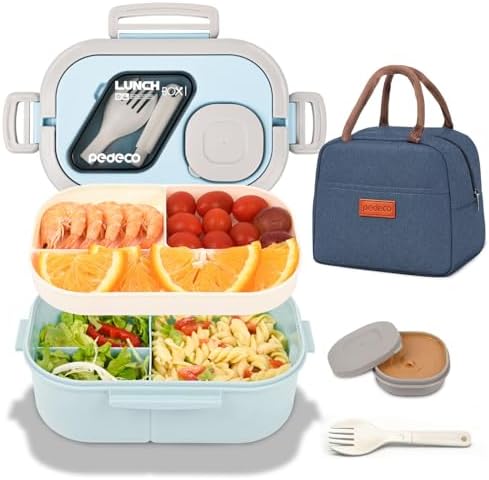 PEDECO Blue Bento Box with Bag, 2-Tier Stackable with Utensils & Sauce Box