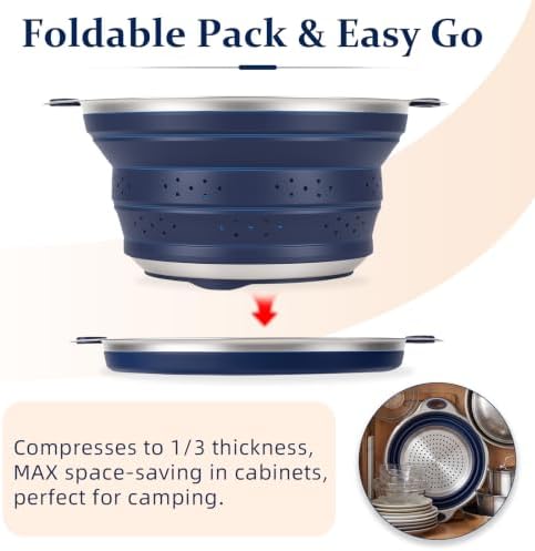 Collapsible Colander Set with Silicone Mat,2-in-1 Stainless Steel Colander for Kitchen, Foldable Metal Colander, Space-Saving for Pasta Veggies Fruit(NAVY BLUE)