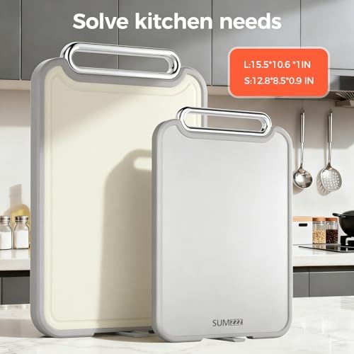 Sumzzz Stainless Steel Cutting Board for Kitchen, 2-in-1 Double-Sided Chopping Board, 304 Stainless Steel/Food Grade PP (Silver, Set of 2(S+M))