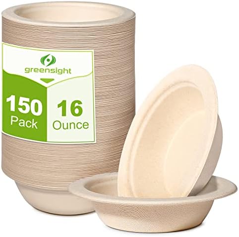 greensight 16oz Compostable Disposable Paper Bowls: 150 Pack Party Serving Bowls For Salad, Ice Cream, Dessert And Hot Soup, Biodegradable Bowls Made Of Natural Sugarcane Fiber