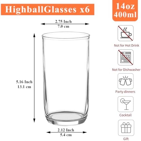 HOMQUEN 14oz Highball Glasses, 6pcs Drinking Glasses, PET Clear Plastic Water Glasses, Beer Glasses, Iced Coffee Glasses, Ideal for Cocktail, Whiskey, Soda, Tea, Water, Gift