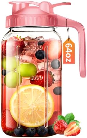 64oz Glass Pitcher with Lid & Spout – 2 Quart Mason Jars, Airtight & Leakproof Breastmilk Pitcher for Cold Brew Coffee, Sun Tea, Water, Juice – Wide Mouth, Fridge Safe