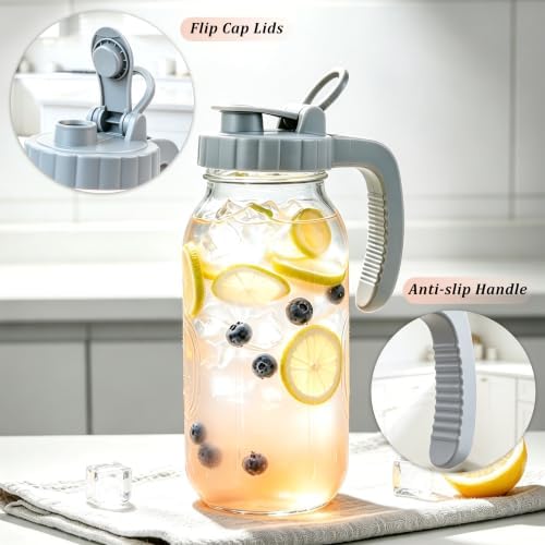 Mason Jar Pitcher 64 OZ Wide Mouth Glass Water Jug With Pour Spout Lids