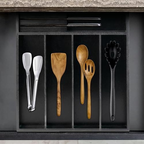 VaeFae Bamboo Silverware Drawer Organizer, 5 Slots, Black
