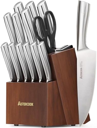Astercook Knife Set, Kitchen Knives Set with Block and Sharpener Full Tang 15 Pcs Stainless Steel Knives, Dishwasher Safe Knife Set with Anti-Slip Ergonomic Handle, Walnut, Fathers Day Gift for Men