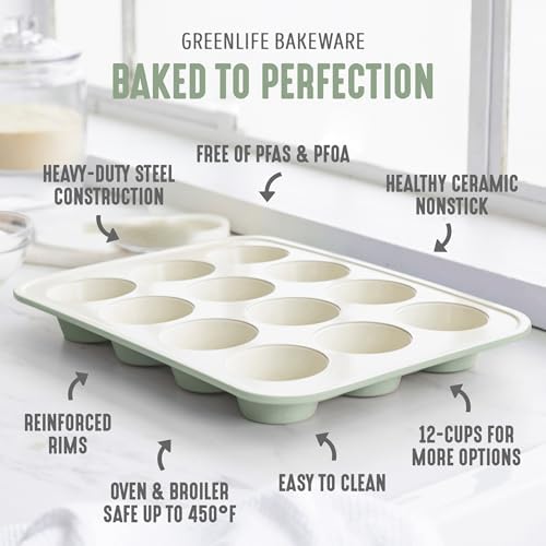 GreenLife 12-Cup Muffin Pan, PFAS-Free Healthy Nonstick Baking Tray, 11.4" x 1.9" x 15.9", Durable Ceramic Bakeware, Cupcakes, Egg Bites, Tarts, Brownies, Sage, (Pack of 6)