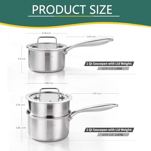 DELARLO Tri-Ply Stainless Steel Saucepan 1QT 2QT Kitchen Pot Set