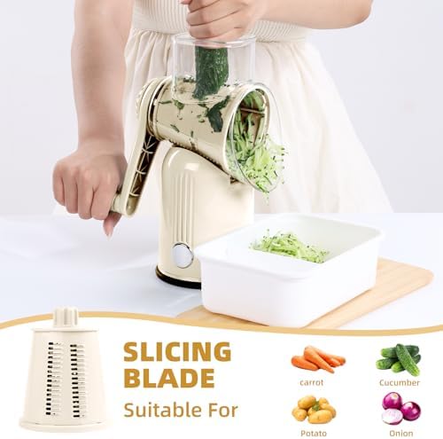 Rotary Cheese Grater with Handle, 5 Replaceable Blades(White)
