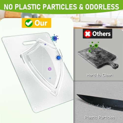 Tempered Glass Cutting Board for Kitchen, 2PCS Clear Chopping Board with Handle (16"x12" & 12"x8"), Plastic Free, Scratch Resistant, Heat Resistant, Dishwasher Safe, Non-toxic, Easy to Clean