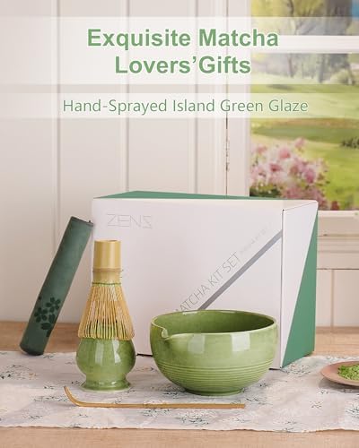 ZENS Matcha Whisk Set, 5pcs Matcha Kit Set Includes Emerald Green Bowl, Handcrafted Bamboo Whisk and Chasen Holder, Scoop & Tea Mat, Matcha Tea Ceremony Gift for Matcha Lovers