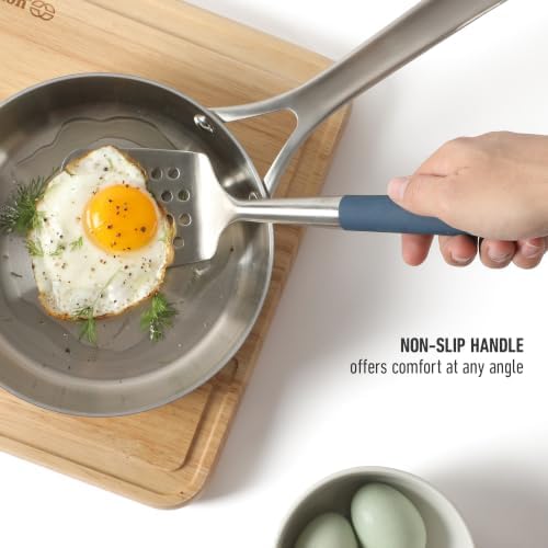 Calphalon Slotted Turner, Kitchen Flipping Spatula, Stainless Steel with Silicone Heat Resistance Handle, Nonstick-Safe Spatula for Draining and Flipping (Navy), Slotted Turner (Pack of 4)